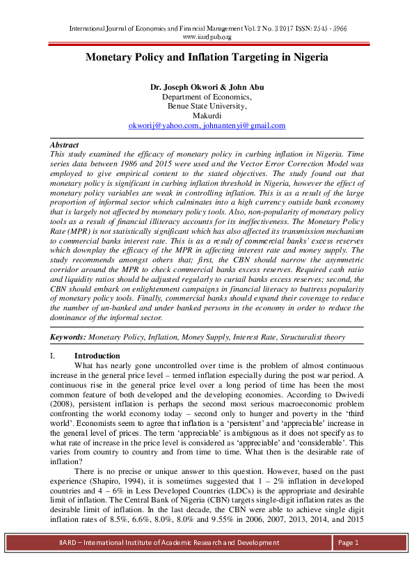 (PDF) Monetary Policy and Inflation Targeting in Nigeria