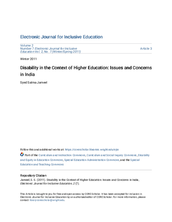 (PDF) Disability in the Context of Higher Education: Issues and ...