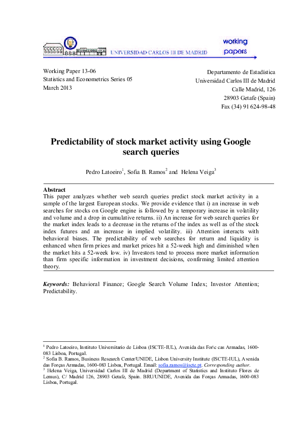 (PDF) Predictability of stock market activity using Google search queries
