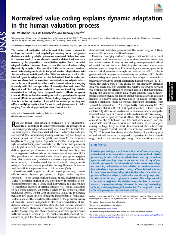 (PDF) Normalized value coding explains dynamic adaptation in the human ...