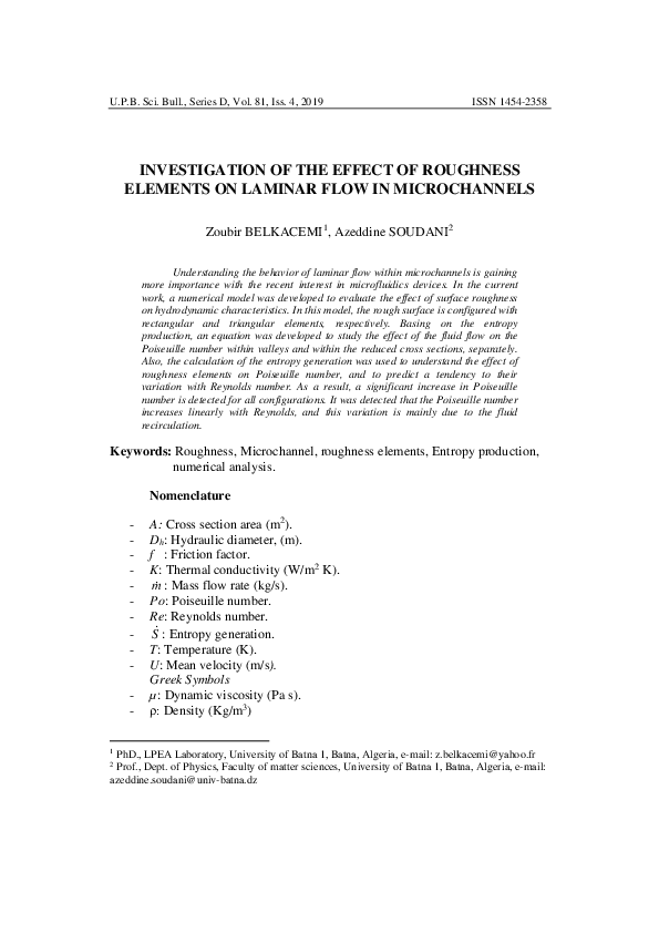 (PDF) Investigation of the Effect of Roughness Elements on Laminar Flow ...