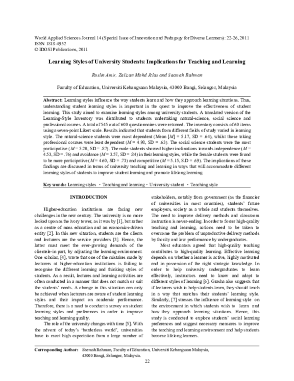 (PDF) Learning Styles of University Students: Implications for Teaching ...
