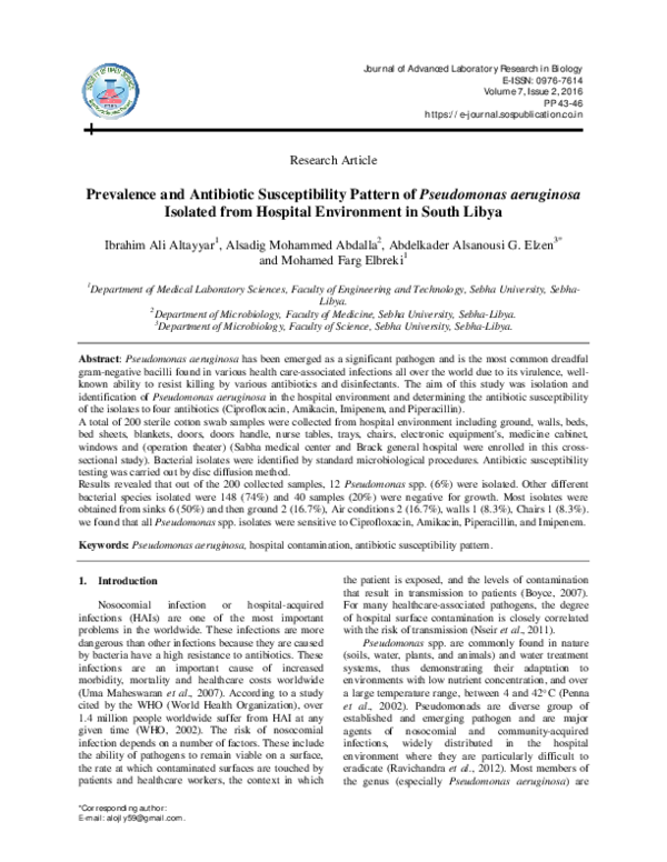 (PDF) Prevalence and Antibiotic Susceptibility Pattern of Pseudomonas ...