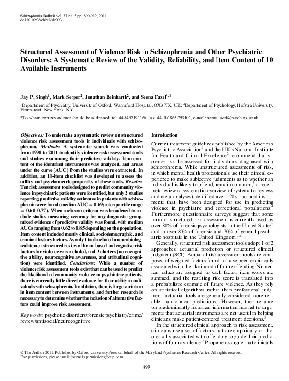 (PDF) Structured assessment of violence risk in schizophrenia and other ...