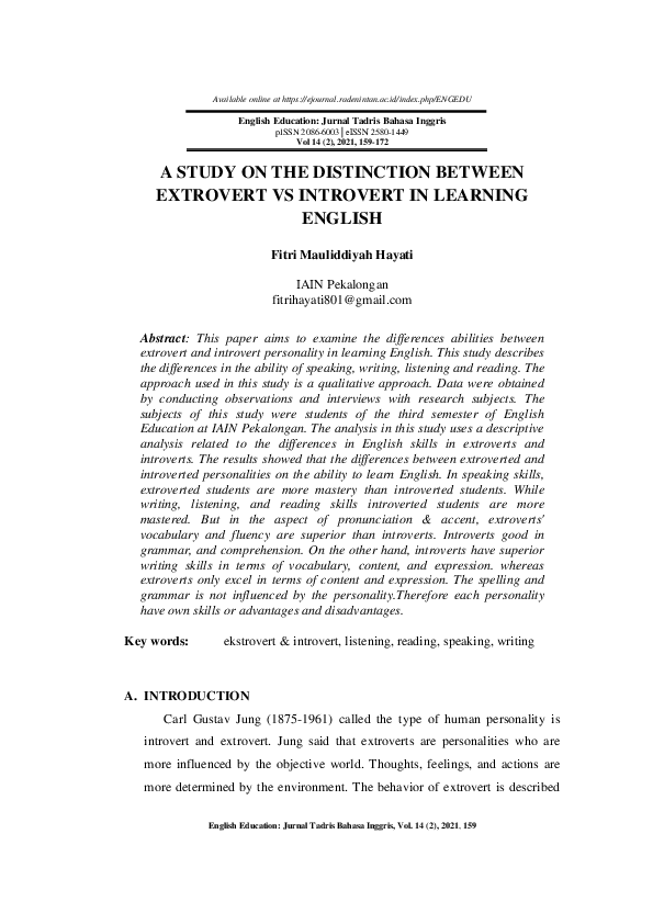 (PDF) A Study on the Distinction Between Extrovert vs Introvert in ...