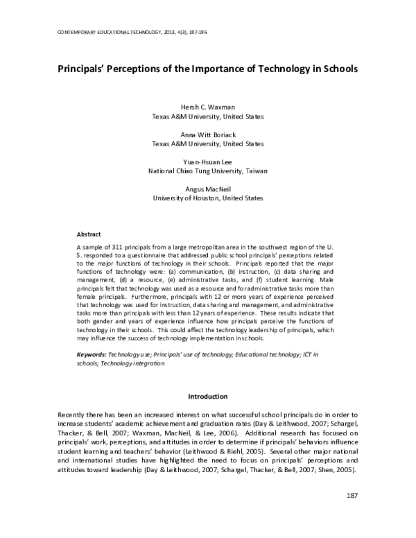 (PDF) Principals' Perceptions of the Importance of Technology in Schools