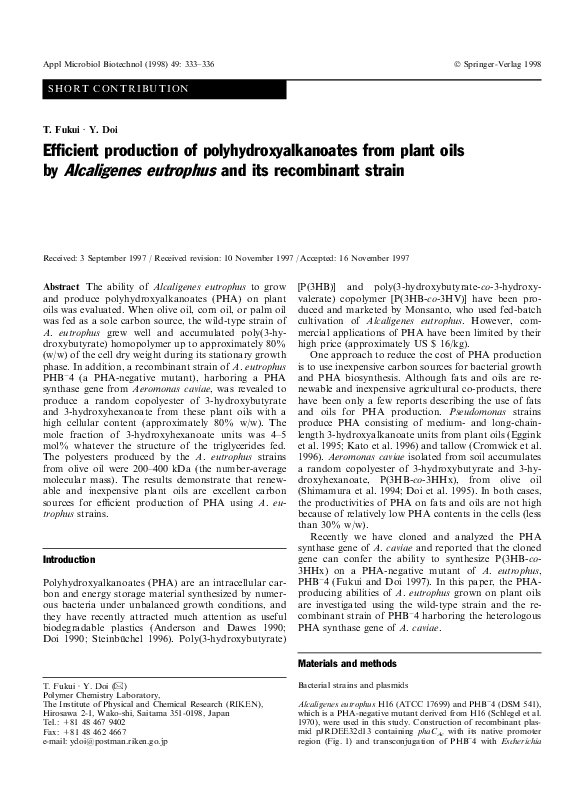 (PDF) Efficient production of polyhydroxyalkanoates from plant oils by ...