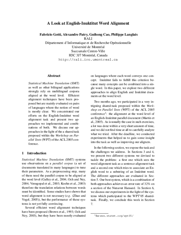 (PDF) A Look at English-Inuktitut Word Alignment