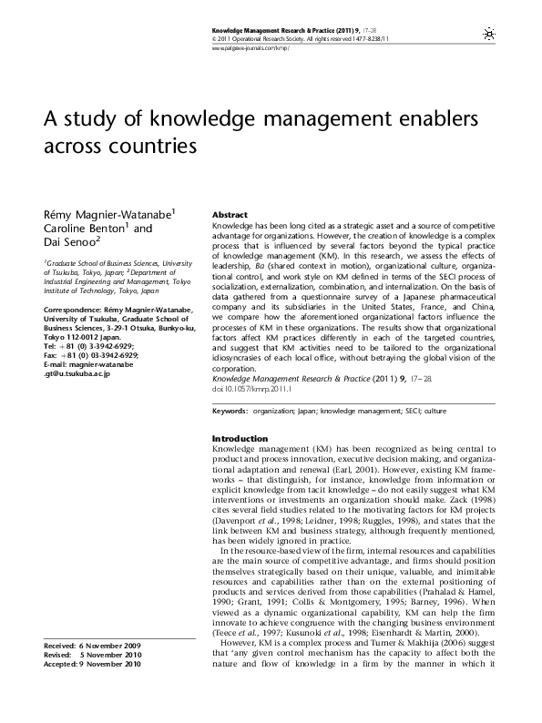 (PDF) A Study of Knowledge Management Enablers across Countries