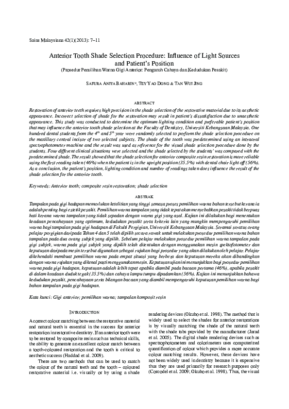 (PDF) Anterior tooth shade selection procedure: influence of light ...