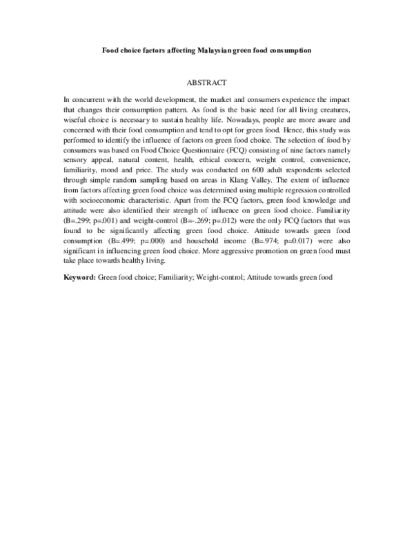 (PDF) Food choice factors affecting Malaysian green food consumption