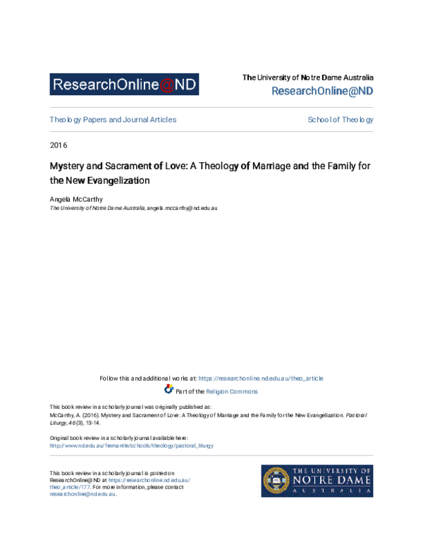 (PDF) Mystery and Sacrament of Love: A Theology of Marriage and the ...