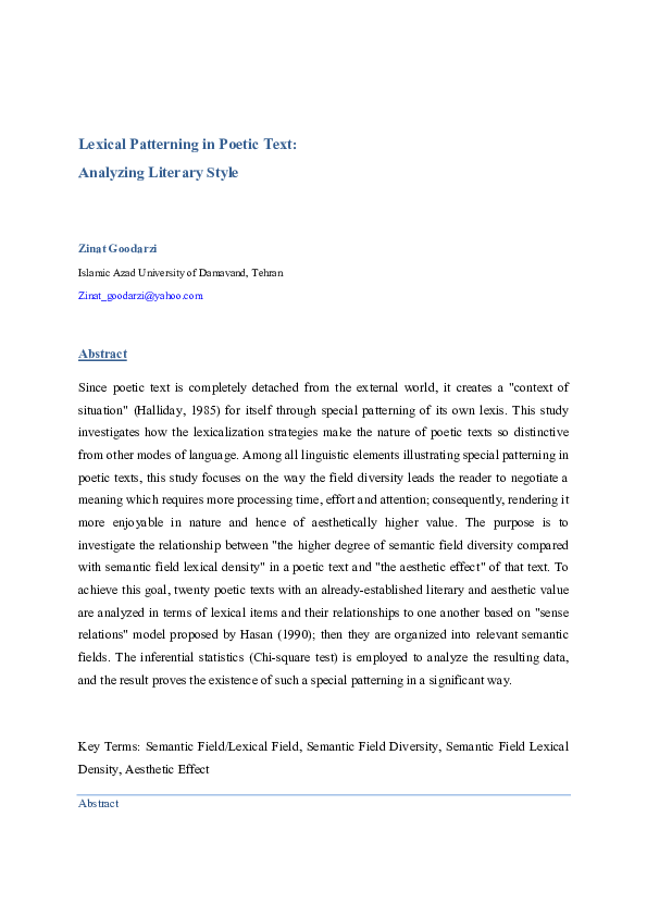 (PDF) Lexical Patterning in Poetic Text: Analyzing Literary Style