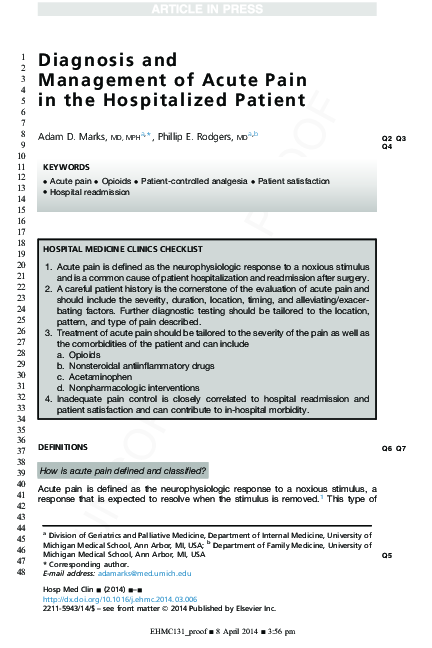 (PDF) Diagnosis and Management of Acute Pain in the Hospitalized Patient