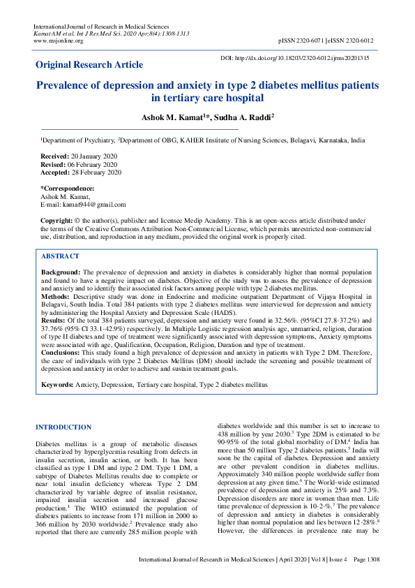 (PDF) Prevalence of depression and anxiety in type 2 diabetes mellitus ...