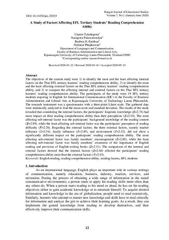 (PDF) A Study of Factors Affecting EFL Tertiary Students' Reading ...