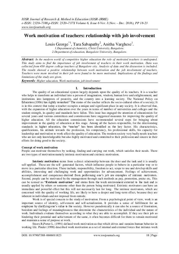 (PDF) Work motivation of teachers: relationship with job involvement
