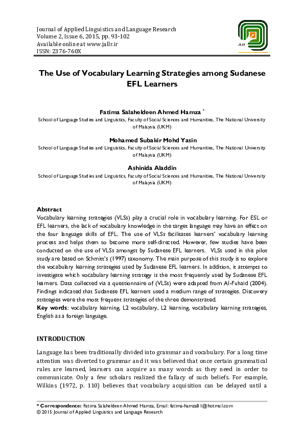 (PDF) The Use of Vocabulary Learning Strategies among Sudanese EFL Learners