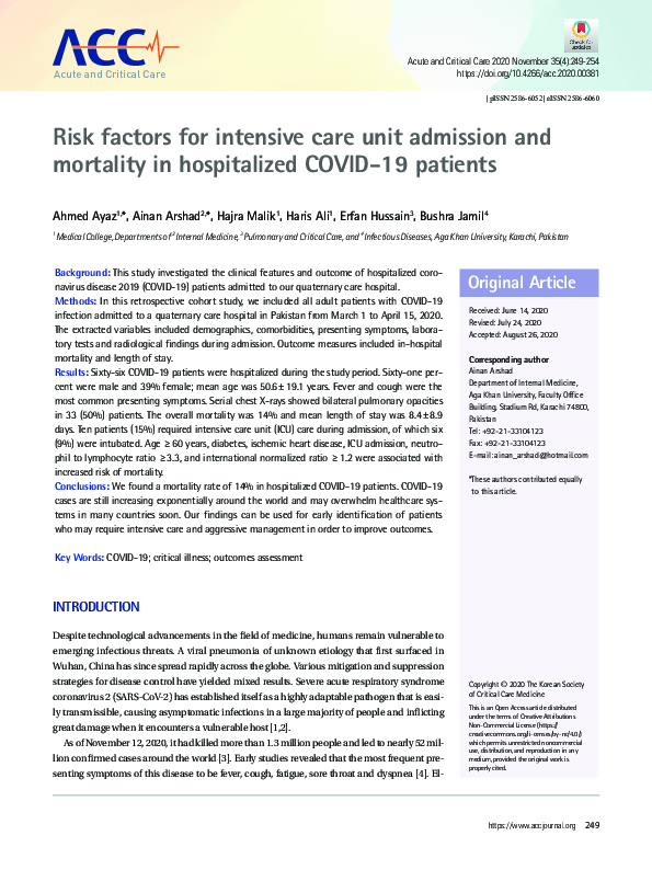 (PDF) Risk factors for intensive care unit admission and mortality in ...