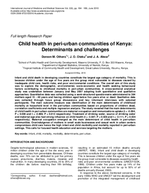 (PDF) Child health in peri-urban communities of Kenya: Determinants and ...