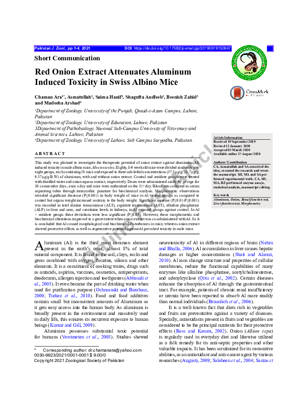 (PDF) Red Onion Extract Attenuates Aluminum Induced Toxicity in Swiss
