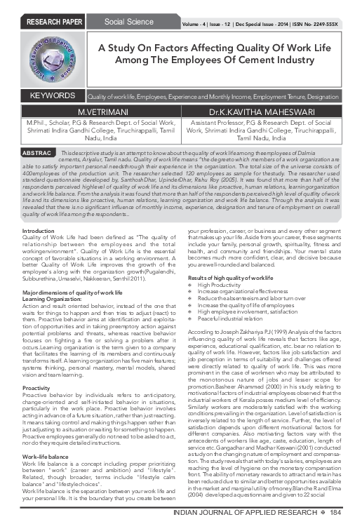 (PDF) A Study On Factors Affecting Quality Of Work Life Among The ...