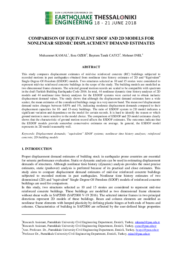 (PDF) Comparison of Equivalent Sdof and 2D Models for Nonlinear Seismic ...