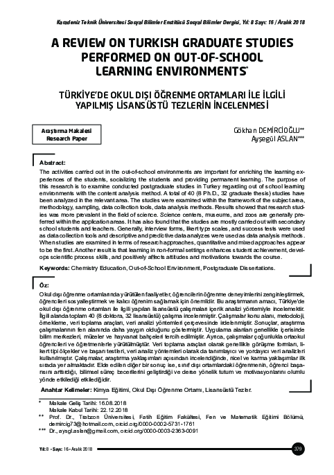 (PDF) A Review on Turkish Graduate Studies Performed on Out-Of-School ...