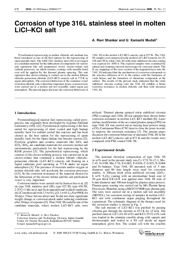 (PDF) Corrosion of type 316L stainless steel in molten LiCl-KCl salt