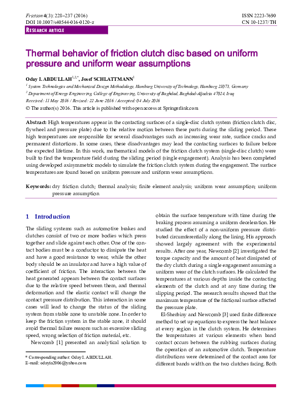 (PDF) Thermal behavior of friction clutch disc based on uniform