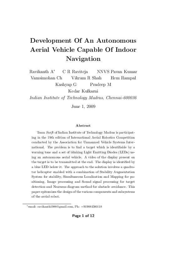 (PDF) Development Of An Autonomous Aerial Vehicle Capable Of Indoor ...