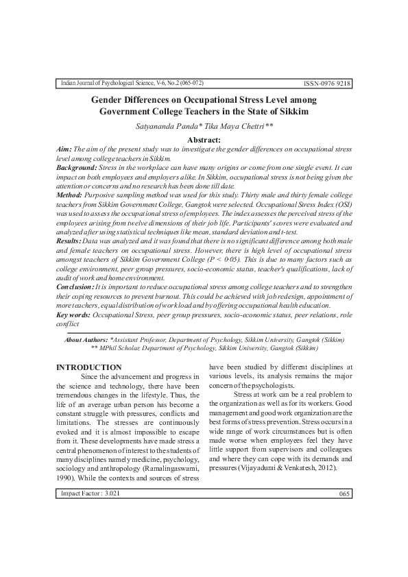 (PDF) Gender Differences on Occupational Stress Level among Government ...