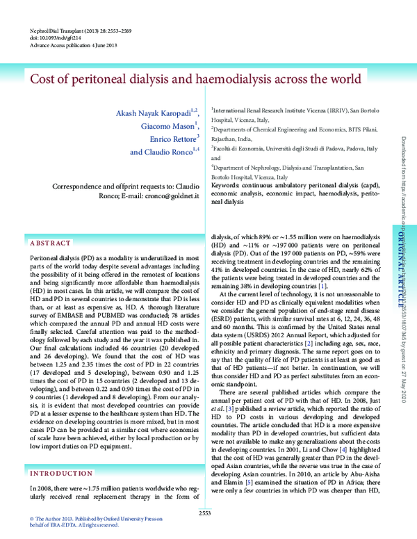 (PDF) Cost of peritoneal dialysis and haemodialysis across the world