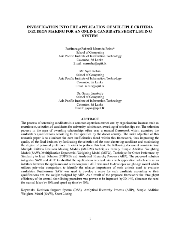 (PDF) 1 Investigation Into the Application of Multiple Criteria ...