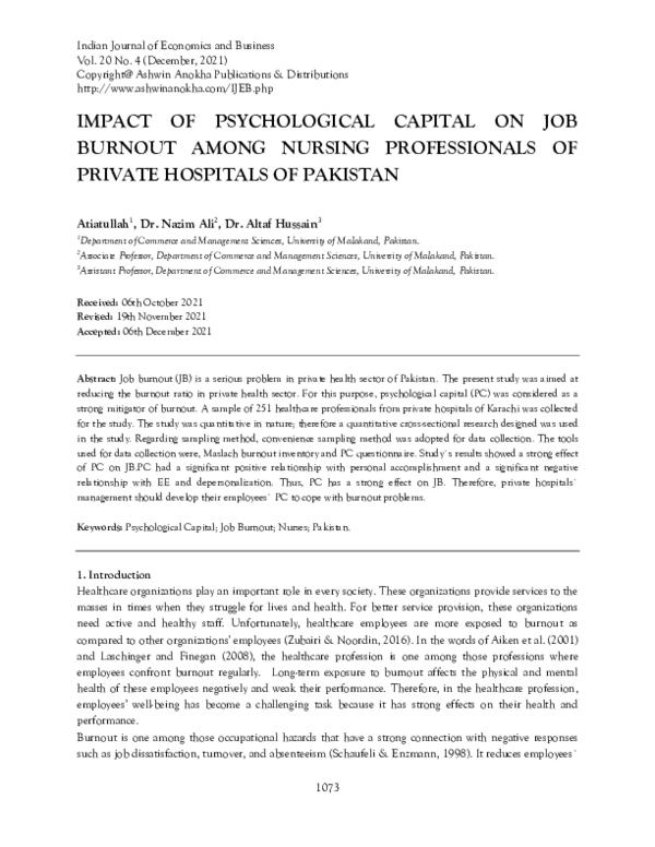(PDF) IMPACT OF PSYCHOLOGICAL CAPITAL ON JOB BURNOUT AMONG NURSING ...