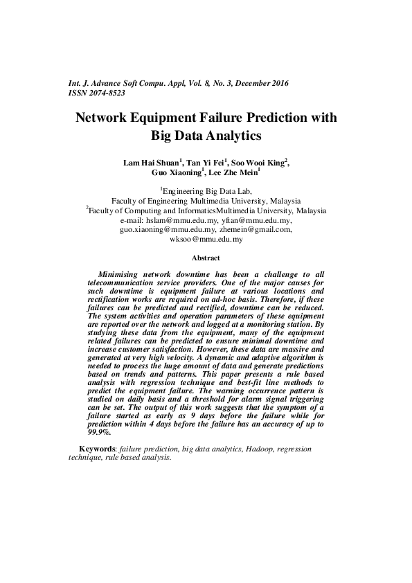 (PDF) Network Equipment Failure Prediction with Big Data Analytics