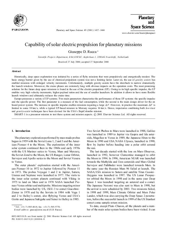 (PDF) Capability of solar electric propulsion for planetary missions
