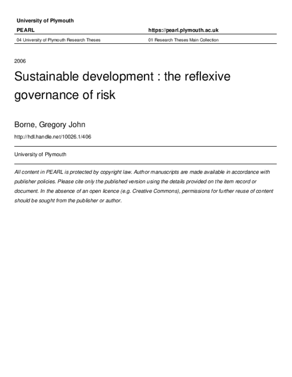 Pdf Sustainable Development The Reflexive Governance Of Risk