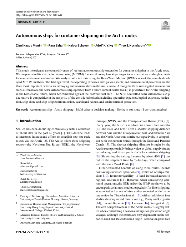(PDF) Autonomous ships for container shipping in the Arctic routes
