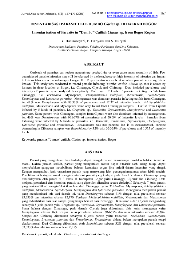 (PDF) Inventarisation of Parasite in ”Dumbo” Catfish Clarias sp. from ...