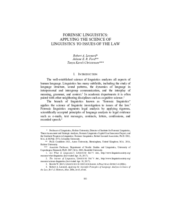 (PDF) Forensic Linguistics: Applying the Science of Linguistics to ...