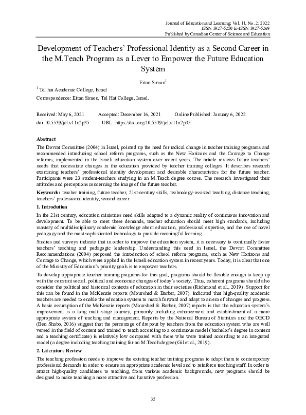 (PDF) Development of Teachers’ Professional Identity as a Second Career ...