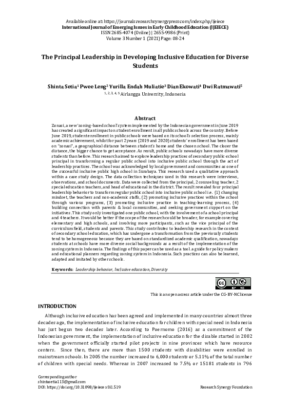 (PDF) The Principal Leadership in Developing Inclusive Education for ...