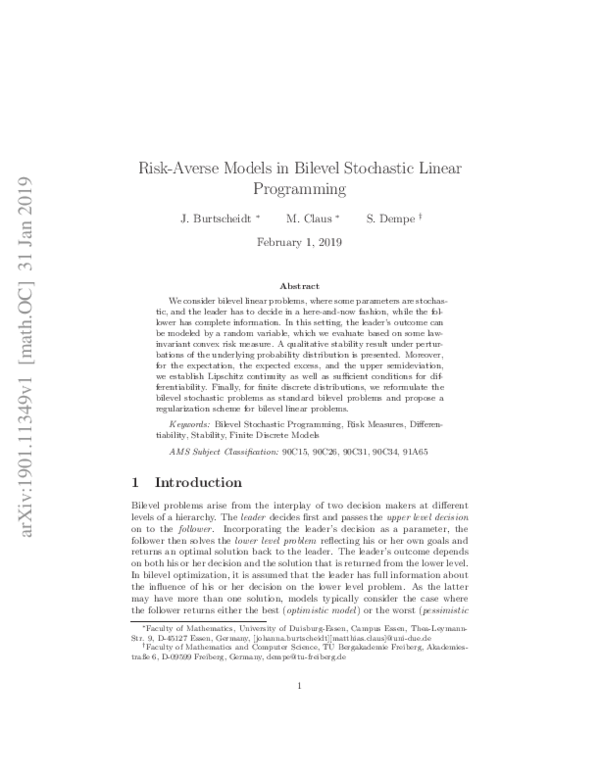 (PDF) Risk-Averse Models in Bilevel Stochastic Linear Programming