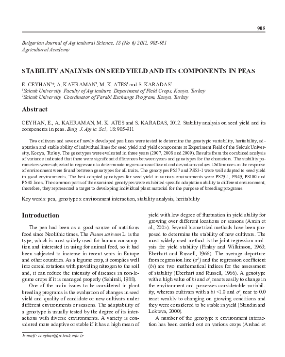 (PDF) Stability Analysis on Seed Yield and Its Components in Peas
