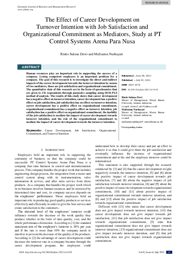 (PDF) The Effect of Career Development on Turnover Intention with Job ...