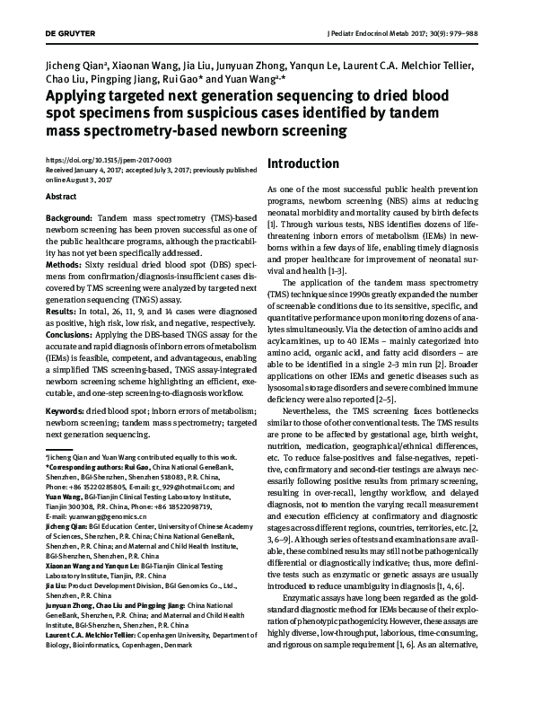 (PDF) Applying targeted next generation sequencing to dried blood spot ...