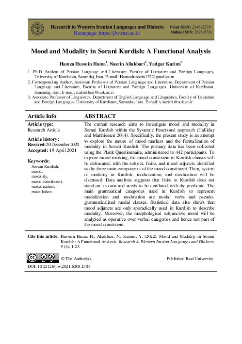(PDF) Mood and Modality in Sorani Kurdish: A Functional Analysis