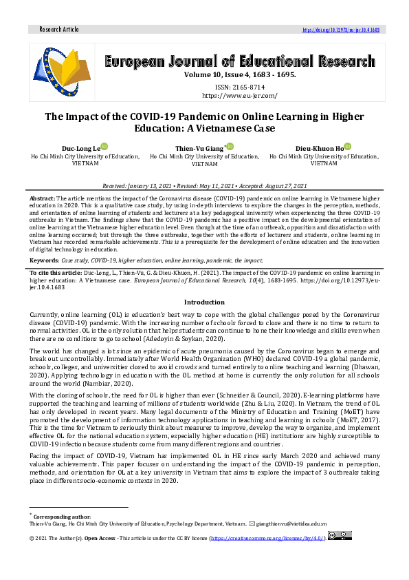 (PDF) The Impact of the COVID-19 Pandemic on Online Learning in Higher ...