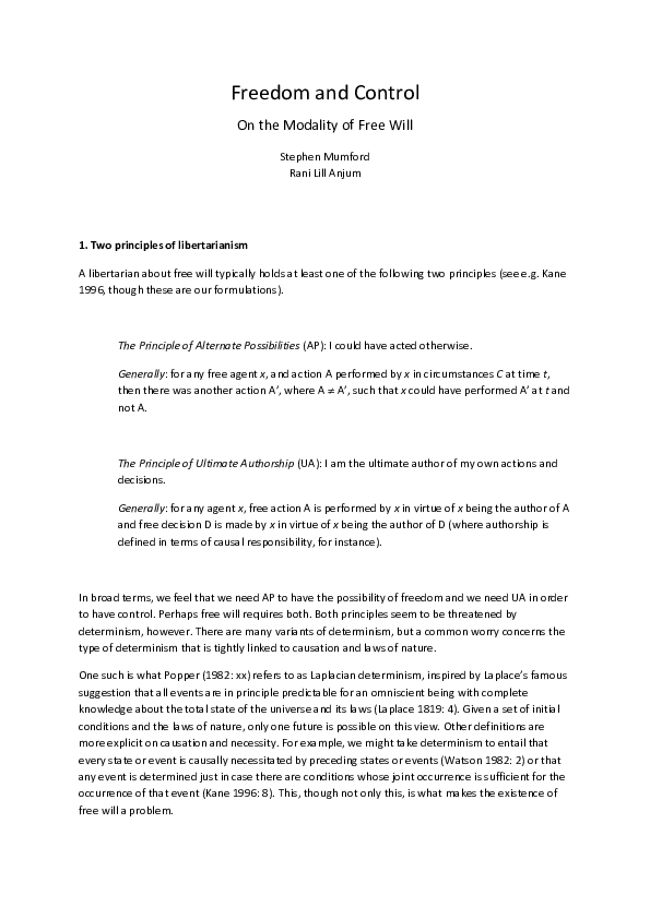 (PDF) Freedom and Control On the Modality of Free Will